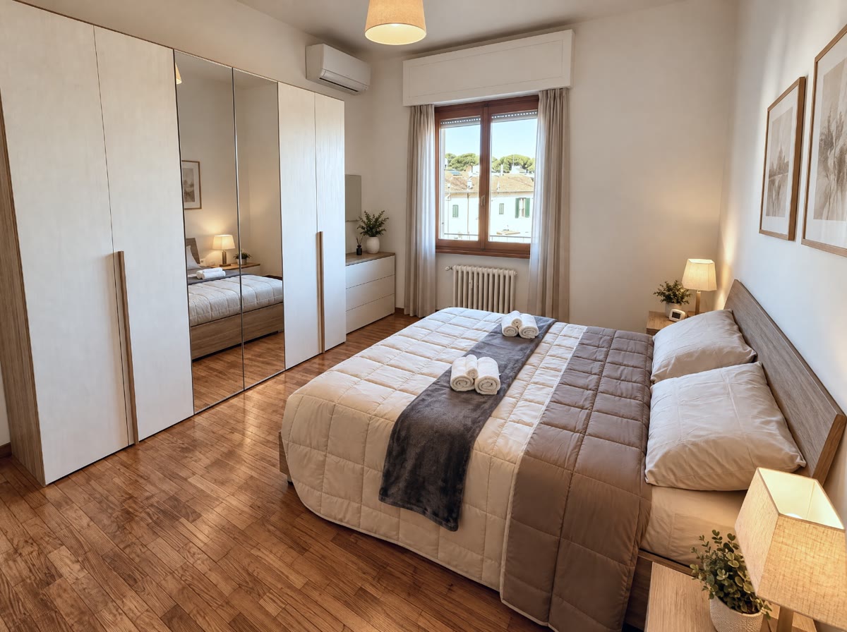 Camera con armadio a specchio, parquet e finestra sui tetti